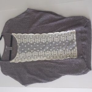 Gray and cream batwing type/ sleeveless crochet sweater. Women's size large
